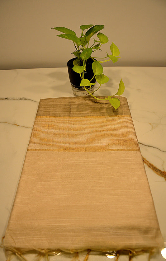 semi tussar silk saree, 3 inch golden zari border